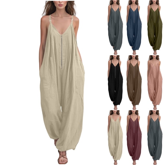 VBVC Women's Cotton-Linen Spaghetti Strap Jumpsuit,Adjustable Zipped Overall For Women,Ladies Summer Vacation Baggy Long Rompers with Pockets,Coffee,S-2XL