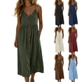 thumbnail image 1 of VBVC Women's Cotton-Linen Spaghetti Strap Midi Dress , Summer V-Neck Dresses For Women,Ladies' Button Front A-Line Dress with Pockets,Gray,S-2XL, 1 of 7