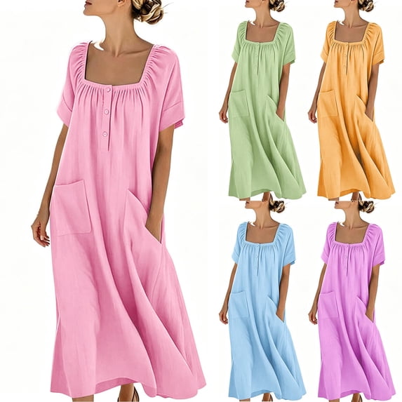 VBVC Women's Cotton Linen Square Neck Maxi Dress , Summer Short Sleeve Long Dress For Women , Ladies' Button Front Dress with Pockets,Pink,S-3XL