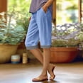 thumbnail image 1 of VBVC Women's Cotton Linen Striped Cuffs Capri Pants , Wide Leg Summer Trousers For Women , Ladies' Knee Length Shorts with Pockets, *Blue , Large, 1 of 5