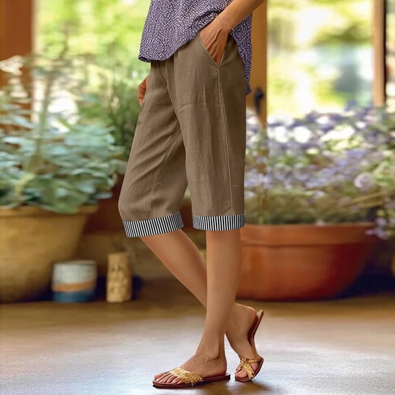 VBVC Women's Cotton Linen Striped Cuffs Capri Pants with , Wide Leg Summer Trousers For Women , Ladies' Casual Knee Length Shorts with Pockets, S-3XL