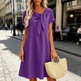 thumbnail image 1 of VBVC Women's Cotton Linen Tie Neck Midi Dress , Ladies' Casual Short Sleeve Shift Dress , Summer Solid Color Tunic Dress For Women, S-2XL, 1 of 8