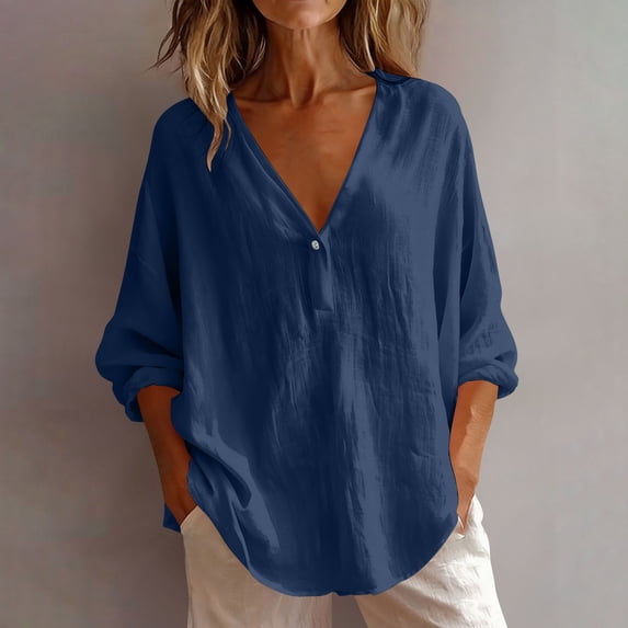 VBVC Women's Cotton Linen V Neck Button Blouse, Ladies' Loose Fit Long Sleeve Top, Casual Work Office Tunic Shirt For Women, Navy , S-2XL