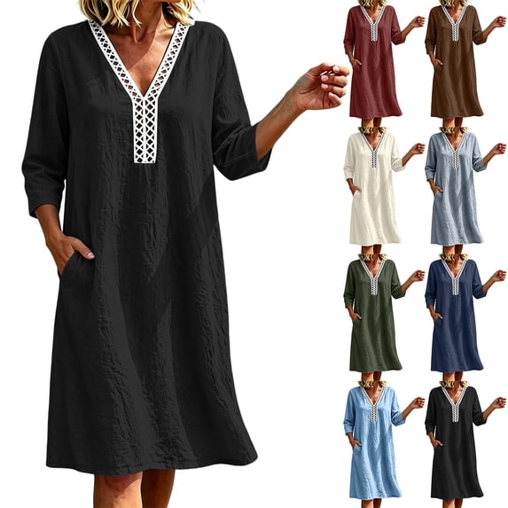 VBVC Women's Cotton Linen V Neck Tunic Dress , 3/4 Sleeve Summer Shift Dress For Women , Ladies' Boho Beach Midi Dresses with Pockets, S-2XL