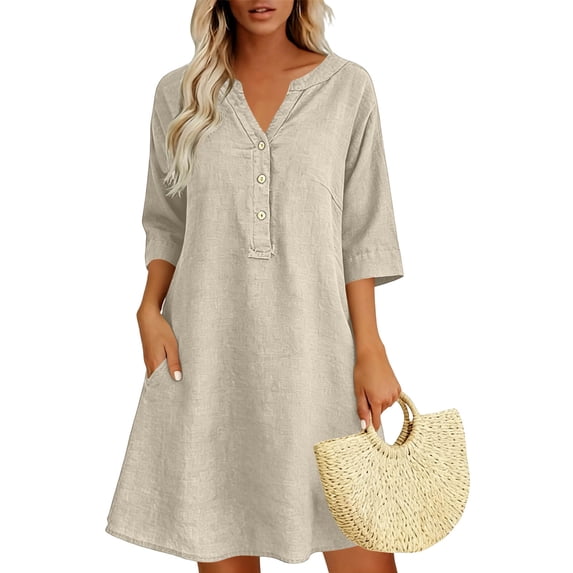 VBVC Women's Cotton Linen V Neck Tunic Dress , Casual 3/4 Sleeve Summer Shift Dress For Women , Ladies' Button Down Mini Dresses with Pockets,Khaki,S-2XL
