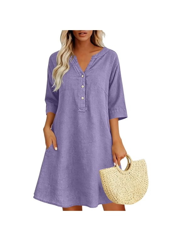 Women's Cotton Linen V Neck Tunic Dress , Casual 3/4 Sleeve Summer Shift Dress For Women , Ladies' Button Down Mini Dresses with Pockets,Purple,S-2XL