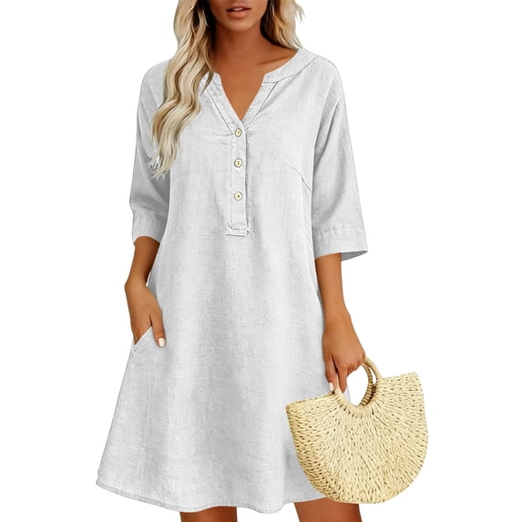 VBVC Women's Cotton Linen V Neck Tunic Dress , Casual 3/4 Sleeve Summer Shift Dress For Women , Ladies' Button Down Mini Dresses with Pockets,White,S-2XL