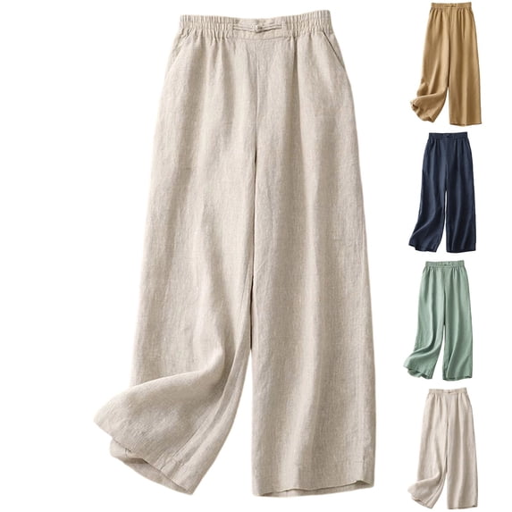 VBVC Women's Cotton-Linen Wide Leg Pants , Casual Loose Trousers For Women,Ladies' Elastic Waist Palazzo Pants with Pockets,Coffee,M-3XL