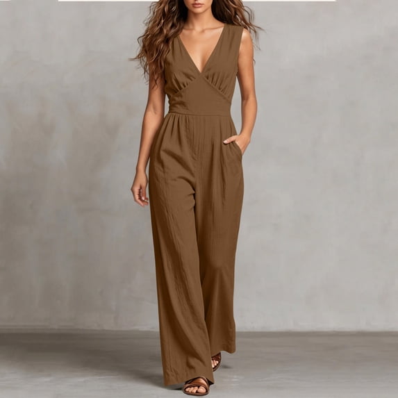 VBVC Women's Cotton Linen Wrap V Neck Jumpsuit , Sleeveless Summer Romper For Women , Ladies' Wide Leg Vacation Overalls with Pockets, Brown , S-2XL