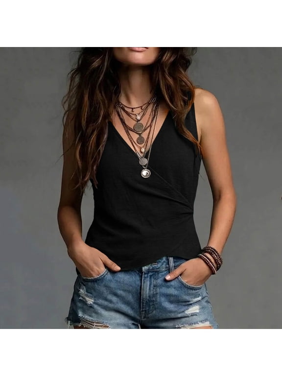 Women's Cotton Linen Wrap V Neck Tank Tops , Casual Summer Fitted Blouses For Women , Ladies' Dressy Casual Sleeveless Shirts,Black,S-3XL