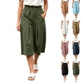 thumbnail image 1 of VBVC Women's Cotton Pleated Wide Leg Capri Pants , Casual Summer Crop Trousers For Women , Ladies' Relaxed Fit Lounge Culottes with Pockets, Army Green , S-2XL, 1 of 8