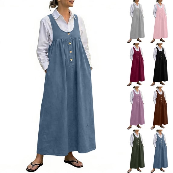 VBVC Women's Cotton Sleeveless Strap Dress,Button Front Everyday Outfits For Women,Ladies Sleeveless Breathable Maxi Dress with Pockets,Black,S-2XL