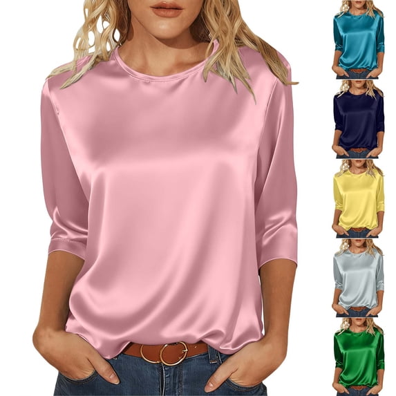 VBVC Women's Crew Neck 3/4 Sleeve Satin Blouse , Ladies' Glossy Silky Dressy Top , Elegant Office Casual Shirt For Women,Green,S-2XL