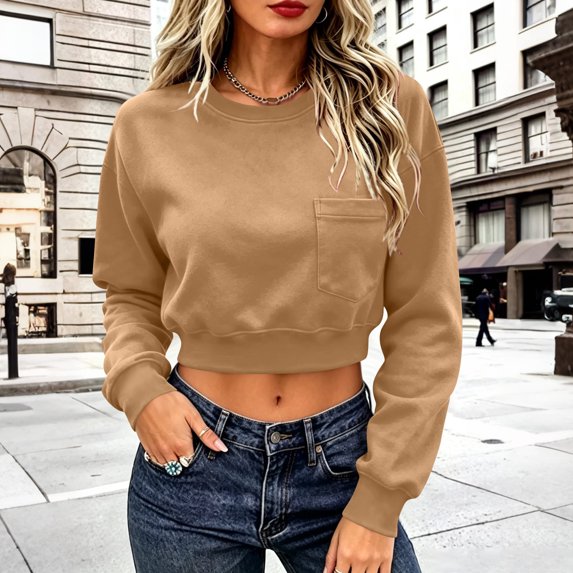VBVC Women's Crew Neck Cropped Sweatshirt , Stretchy Long Sleeve Pullover For Women , Ladies' Drop Shoulder Top with Pockets, S-2XL