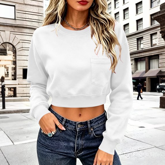 VBVC Women's Crew Neck Cropped Sweatshirt , Stretchy Long Sleeve Pullover For Women , Ladies' Drop Shoulder Top with Pockets, S-2XL
