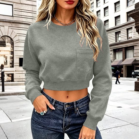 VBVC Women's Crew Neck Cropped Sweatshirt , Stretchy Long Sleeve Pullover For Women , Ladies' Drop Shoulder Top with Pockets, S-2XL