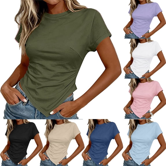 VBVC Women's Crew Neck Short Sleeve T-Shirt,Ladies Ruched Slim Fit Asymmetric Hem Top,Casual Form Fitting Basic Tee for Women,Army Green,S-2XL