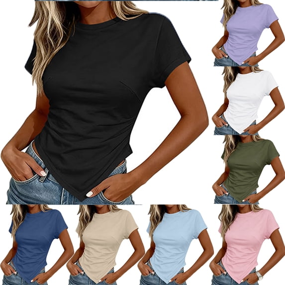 VBVC Women's Crew Neck Short Sleeve T-Shirt,Ladies Ruched Slim Fit Asymmetric Hem Top,Casual Form Fitting Basic Tee for Women,Black,S-2XL