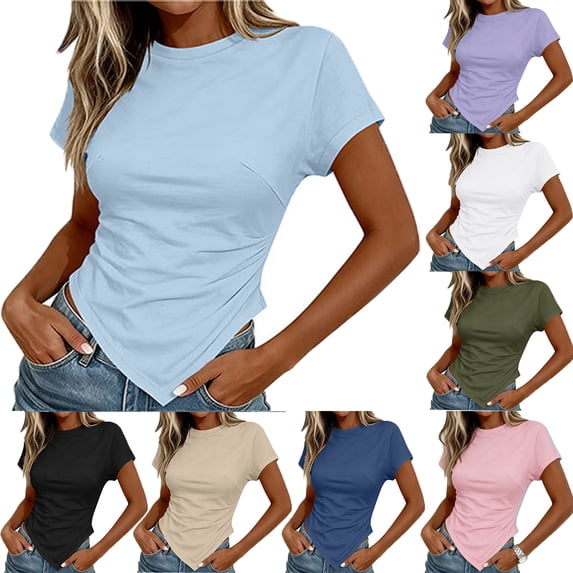 VBVC Women's Crew Neck Short Sleeve T-Shirt,Ladies Ruched Slim Fit Asymmetric Hem Top,Casual Form Fitting Basic Tee for Women,Light Blue,S-2XL