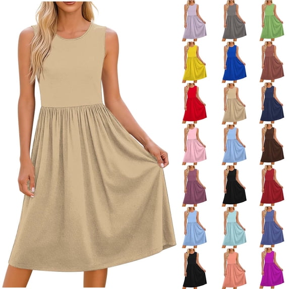 VBVC Women's Crew Neck Sleeveless Midi Dress , Ladies' Empire Waist Pleated A-Line Dress , Summer Casual Flowy Sundress For Women,Dark Blue,S-2XL