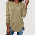 thumbnail image 1 of VBVC Women's Crew Neck Tunic Sweatshirt , Ladies' Long Sleeve Side Button Pullover , Casual Fall Curved Hem Tops For Women, Khaki , S-2XL, 1 of 7