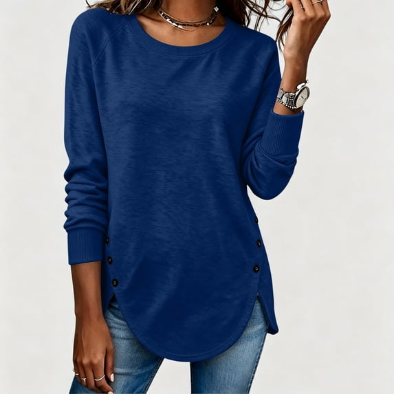VBVC Women's Crew Neck Tunic Sweatshirt , Ladies' Long Sleeve Side Button Pullover , Casual Fall Curved Hem Tops For Women, Navy , S-2XL