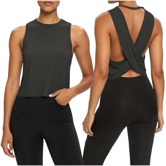 VBVC Women's Criss Cross Back Ribbed Tank Tops , Ladies' Sleeveless Yoga Athletic Shirts , Breathable Cropped Gym Running Tops For Women,Black,S-2XL
