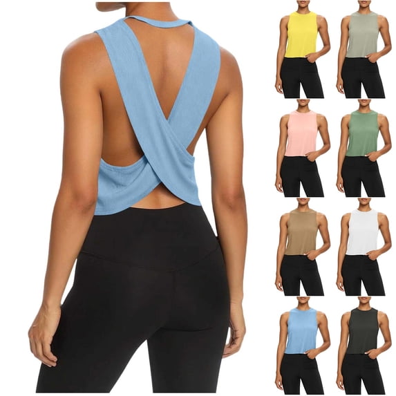 VBVC Women's Criss Cross Back Ribbed Tank Tops , Ladies' Sleeveless Yoga Athletic Shirts , Breathable Cropped Gym Running Tops For Women,Light Blue,S-2XL