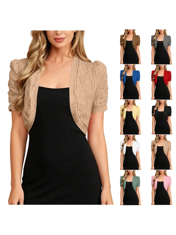 Women's Crochet Lace Puff Sleeve Bolero Shrug , Ladies' Open Front Cropped Cardigan , Lightweight Summer Dress Cover Up Tops For Women,Black,S-2XL