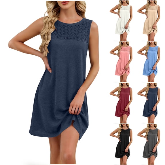 VBVC Women's Crochet Lace Sleeveless Tunic Dress,Ladies Crew Neck Loose Fit Casual Mini Dress,Summer Beach Cover Up and Daily Wear For Women,White,S-2XL