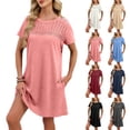 thumbnail image 1 of VBVC Women's Crochet Lace Waffle Knit T-Shirt Dress,Ladies Short Sleeve Loose Fit Mini Dress,Summer Beach Cover Up and Daily Wear For Women,Navy,S-2XL, 1 of 7
