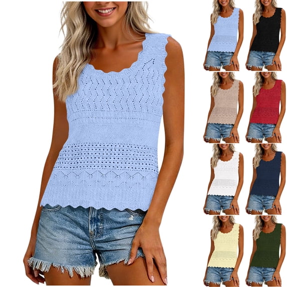 VBVC Women's Crochet Scallop Trim Tank Top , Ladies' Eyelet Knit Sleeveless Blouse , Casual Summer Boho Vest For Women,Navy,S-2XL