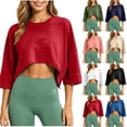 thumbnail image 1 of VBVC Women's Cropped Crew Neck Sweatshirt , Ladies' 3/4 Sleeve Drop Shoulder Top , Casual Athletic Yoga Workout Shirt For Women,Navy,S-2XL, 1 of 9