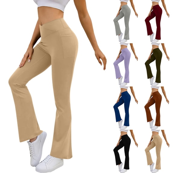 VBVC Women's Crossover Waist Yoga Pants,Stretchy Sweatpants For Women,Ladies Butt Lift Flare Trousers with Pockets,Khaki,S-2XL