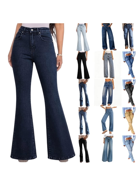 Women's Cuffed Hem Denim Pants , High Waisted Wide Leg Jeans For Women,Ladies' Seamed Front Straight Leg Jeans with Pockets,Dark Blue,S-2XL
