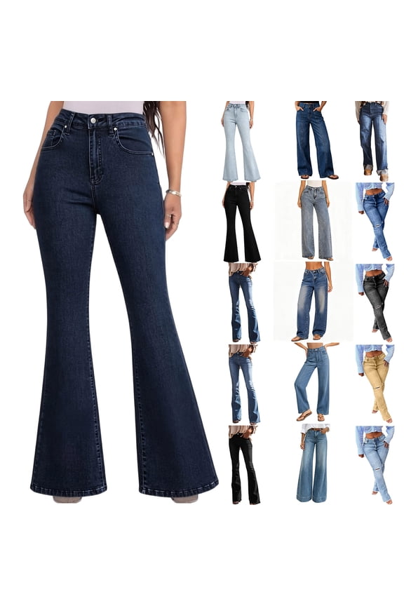 Women's Cuffed Hem Denim Pants , High Waisted Wide Leg Jeans For Women,Ladies' Seamed Front Straight Leg Jeans with Pockets,Dark Blue,S-2XL