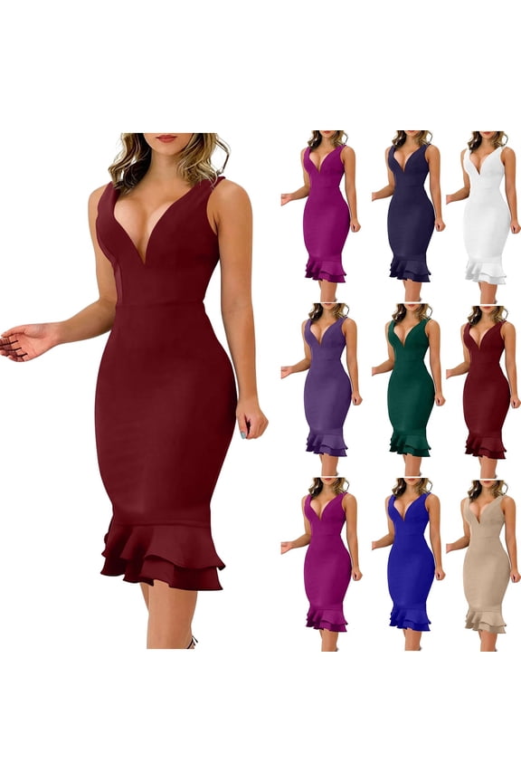 Women's Deep V-Neck Sleeveless Mermaid Midi Dress,Ladies' Bodycon Ruffle Hem Cocktail Dress,Elegant Form-Fitting Party Dress For Women,Khaki,S-2XL