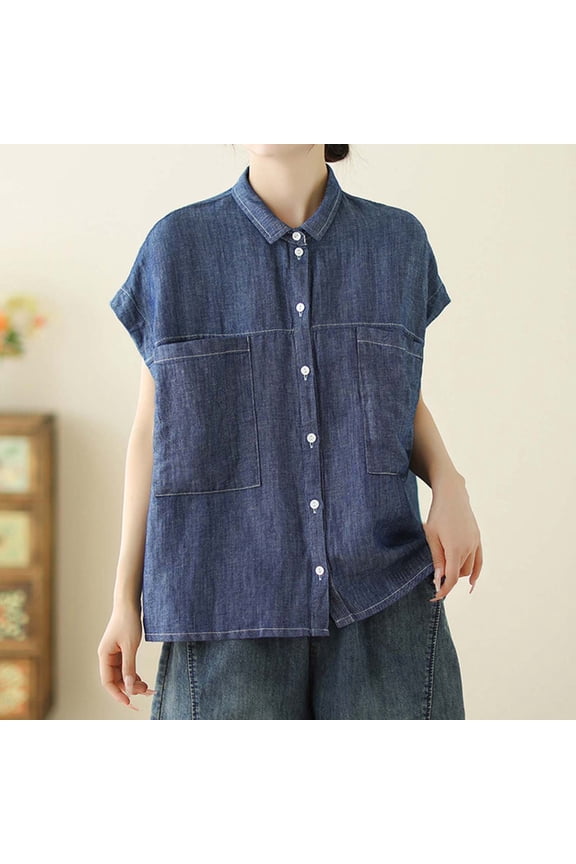 Women's Denim-Look Button Down Shirt,Ladies Short Sleeve Collared Chambray Blouse,Loose Fit Lightweight Summer Top for Women,Blue,M-2XL