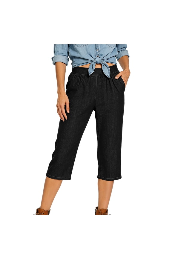 Women's Denim-Look Capri Pants,Pull On Cropped Trousers For Women,Ladies Soft Wide Leg Joggers with Side Pockets,Black,Size S