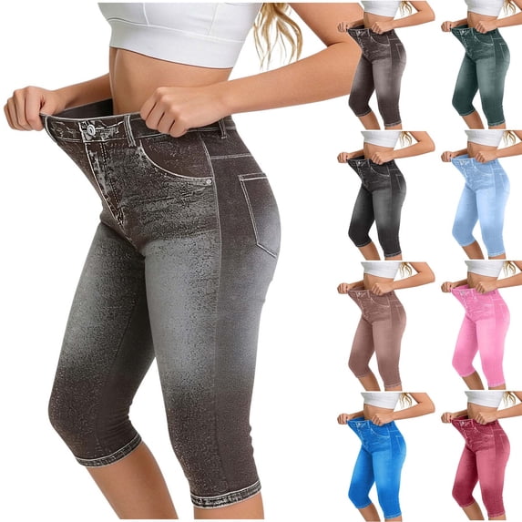 VBVC Women's Denim-Look Capri Yoga Leggings,Ladies High Waist Stretch Cropped Pants,Summer Butt Lift Workout Trousers For Women,Watermelon Red,S-2XL