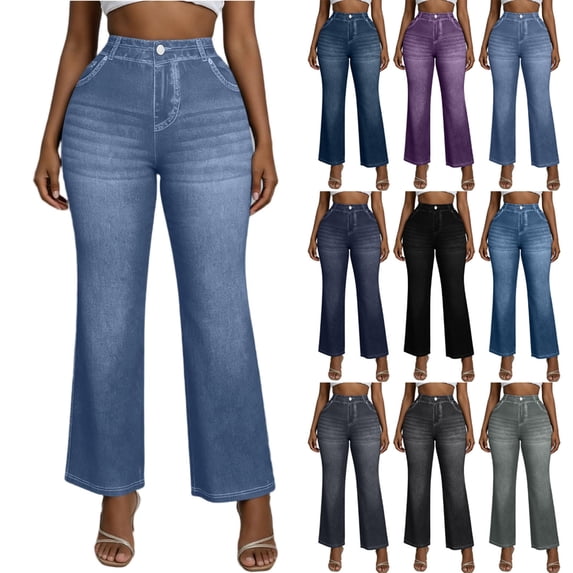 VBVC Women's Denim-Look Flare Sweatpants,Breathable Wide Leg Trousers For Women,Vintage Bootcut Pants with No Pockets or No Button,Navy,S-2XL