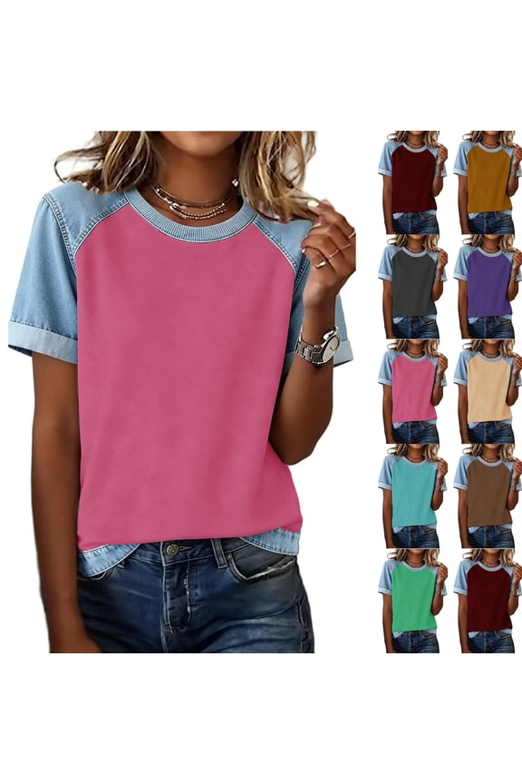 Women's Denim-Look Patchwork Raglan T-Shirt,Short Sleeve Breathable Tops,Ladies Lightweight Summer Going Out Blouse,Khaki,S-5XL