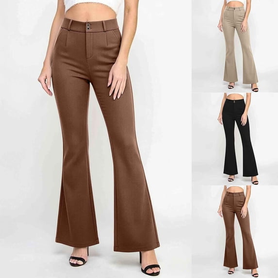 VBVC Women's Double Button Flare Leg Pants, High Waist Slim Fit Business Trousers For Women, Ladies' Office Work Bell Bottom Pants with Pockets,Coffee,XXS-2XL