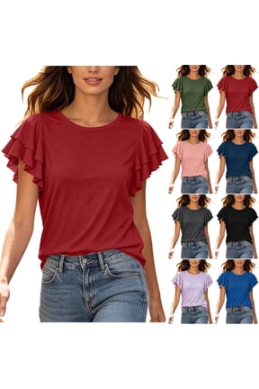 Women's Double Ruffle Flutter Sleeve Top , Ladies' Crew Neck Casual Tunic , Summer Short Sleeve Shirts For Women,Dark Gray,S-2XL