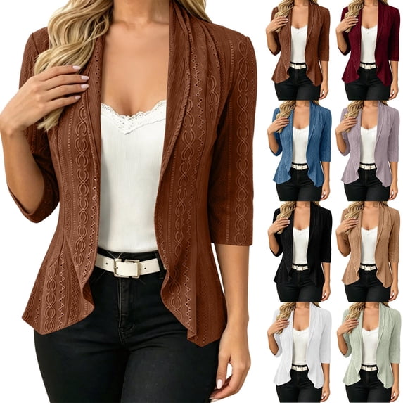 VBVC Women's Drape Front Open Cardigan, Ladies' 3/4 Sleeve Cable Knit Shawl Collar Top, Casual Slim Fit Summer Outwear For Women, Brown , S-2XL
