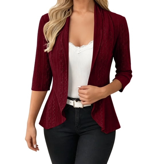 VBVC Women's Drape Front Open Cardigan, Ladies' 3/4 Sleeve Cable Knit Shawl Collar Top, Casual Slim Fit Summer Outwear For Women, Red , S-2XL