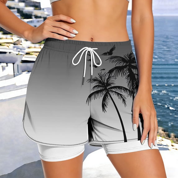 VBVC Women's Drawstring 2-in-1 Athletic Shorts , High Waisted Running Shorts For Women,Ladies' Double Layer Active Shorts with Pockets,Black,S-2XL