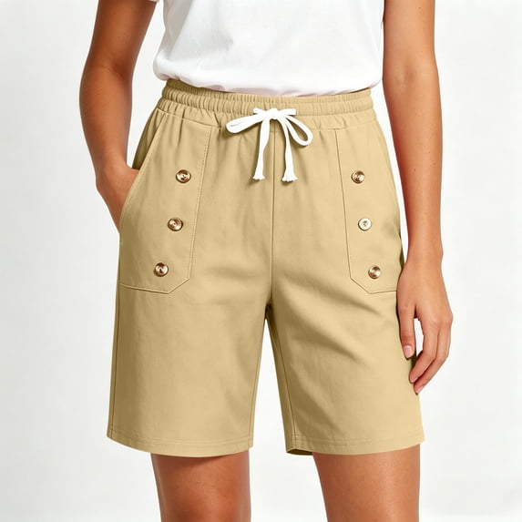 VBVC Women's Drawstring Button Knee Length Shorts , Cotton Linen Summer Shorts For Women , Ladies' Lightweight Bermuda Shorts with Pockets,Khaki,S-2XL