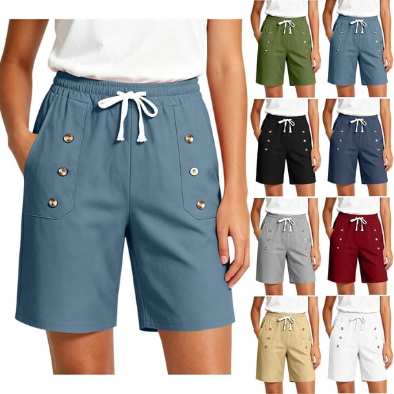 VBVC Women's Drawstring Button Knee Length Shorts , Cotton Linen Summer Shorts For Women , Ladies' Lightweight Bermuda Shorts with Pockets,Light Blue,S-2XL
