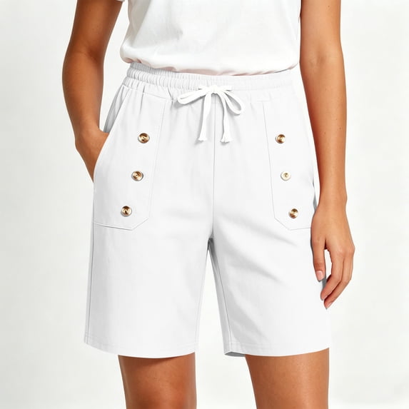 VBVC Women's Drawstring Button Knee Length Shorts , Cotton Linen Summer Shorts For Women , Ladies' Lightweight Bermuda Shorts with Pockets,White,S-2XL